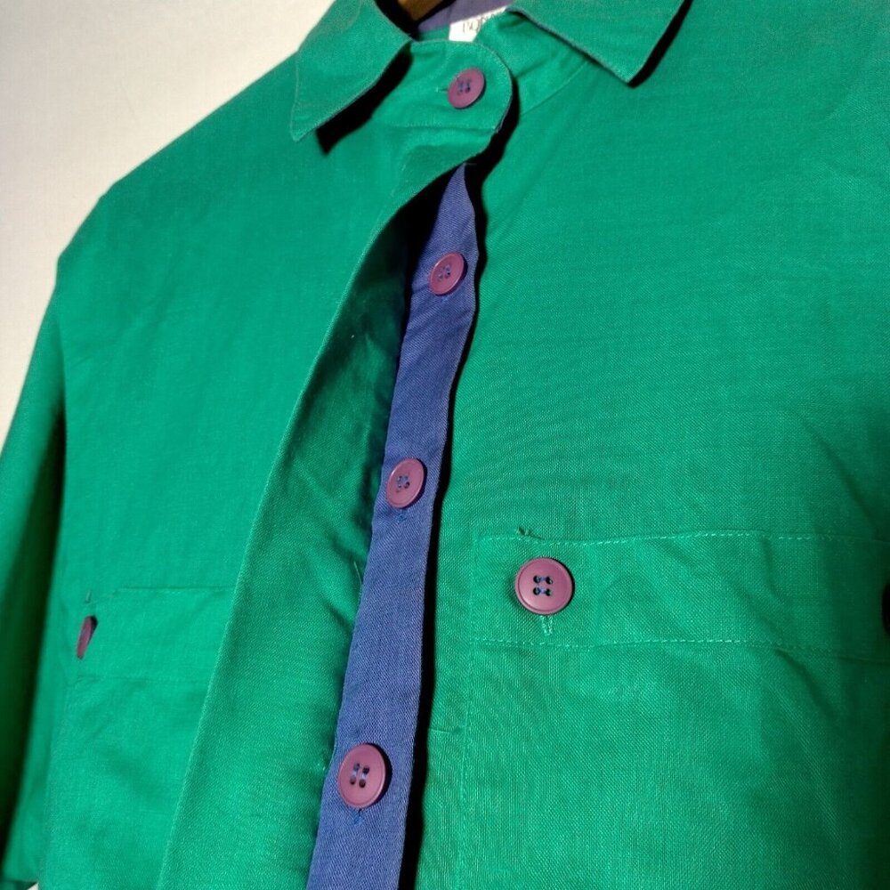 Bonnie Boerer Unlimited Blouse S Green Button Nautical Porthole Palm Tree Cruise - Picture 10 of 16